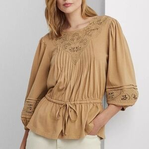 NWT LAUREN RALPH LAUREN Women's Lace-Trim Jersey Peplum Top Siz…